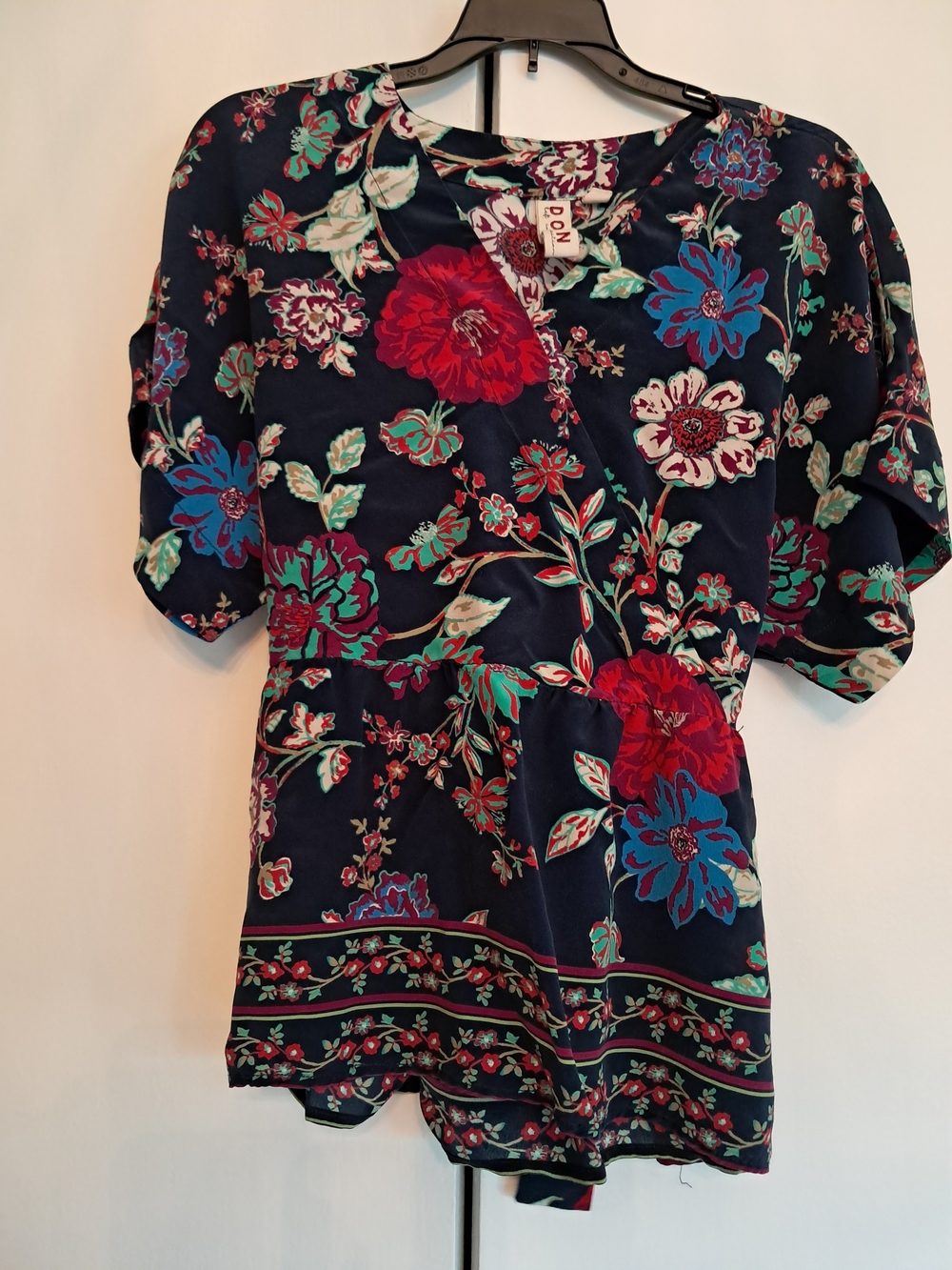 dolan Navy Floral Short Sleeve Tunic with Red & Blue Blooms